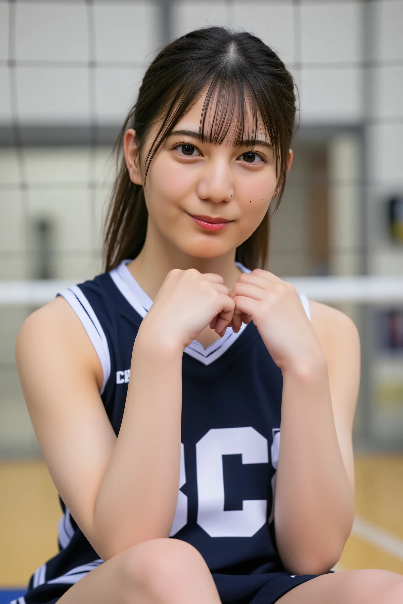 ((( High Resolution , top quality, very well detailed, masterpiece ,  highly detailed photos , realistic , Real people , Ultra precise skin ))) ,  (   from the side  ) , full body ,  Advance Shot ,  Viewer , ( smile face ) , { She is volleyball player ( Wearing the uniform that is volleyball uniform ) , She is playing volleyball. },  { full frontal : 1.8 } , the dark hours of dawn  , (( tuck hair behind the ear : 1.8))  , { nsfw ｝, In the gym