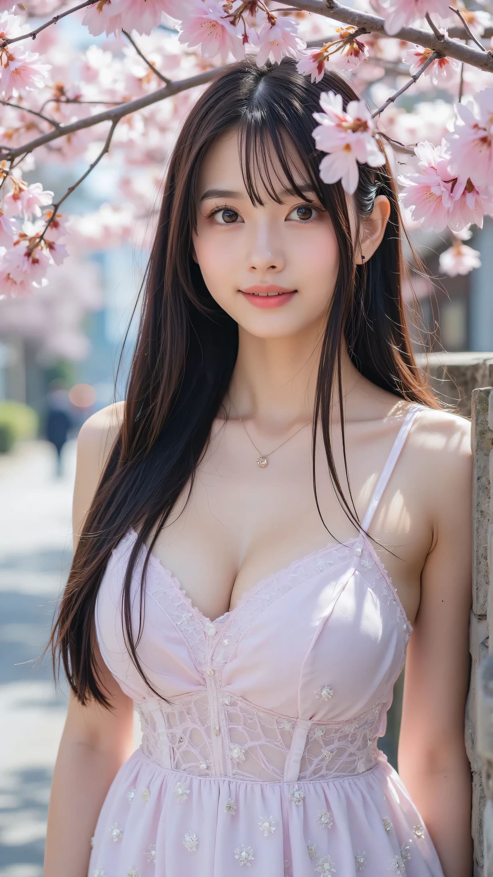 beautiful blue eyes and perfect, beautiful face, leaning sensually against a cherry blossom street wall, 彼女の官能的な視線teeth、side focus lenses. teeth、, tree々When you wear、makes for an attractive yet beautiful composition. 彼女teeth濡れています, growing skin, 彼女teeth巨大な , Perfect Curves. 彼女のジャケットteeth、I can see my exposed chest, Penetrating through、leaning sensually against a cherry blossom street wall, 仕事にteeth不向きな姿勢. 彼女teethカメラに直接目を向けています, and lets in warm natural light coming in from between {x}, It penetrates through gentle cherry blossoms々and is shrouded in that delicate shadow. and natural light enhances the realistic texture of her skin and the bright pink and white tones of the street, against a backdrop of blurry cherry blossom trees.