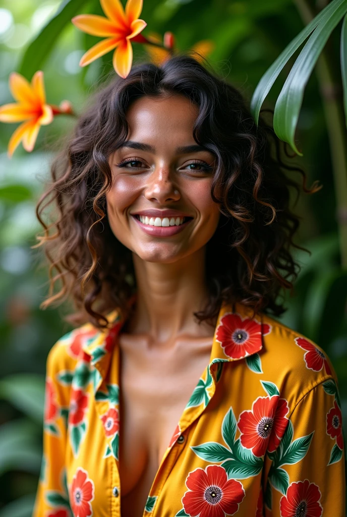 A Brazilian woman in a lush tropical garden, wearing an open shirt with a floral print, with a close-up capturing the harmonious beauty between her breasts and the natural flowers, showing off your natural charm and outgoing personality.