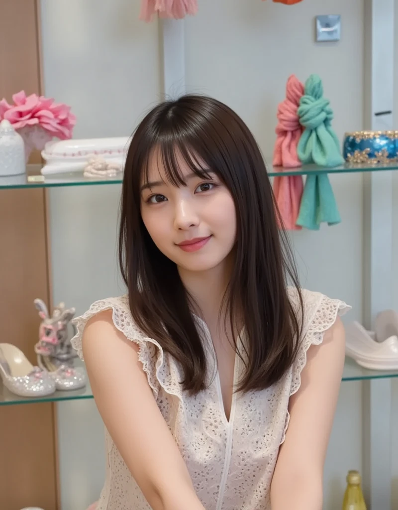 A woman is standing in the room, Hime cut, Chiho, shikamimi, kimi takemura, Yoshitomo Nara, harumi, Pastel colored outfits, Ishida Sui with black hair, tsutomo nihie, Chiho ashima, junko enoshima, Face that faithfully reproduces the face of LoRA, High resolution, Very detailed, Natural Bangs, highest quality
