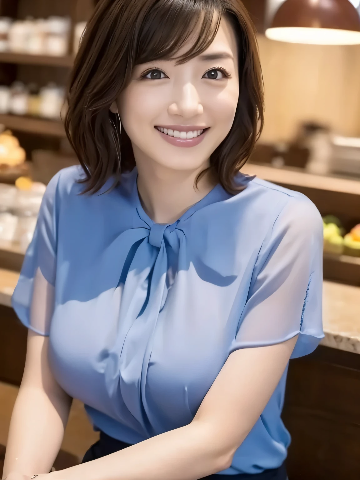 ((masterpiece))、((top quality))、pictures、reality、high definition、Very Well Detailed、Married women、30 year old woman、Delicate appearance、short hair、realistic background and accessories、Big, Fuller Breasts、 Sexy Smile 、Restaurant、Walking around the store、expensive、 emphasizes her tender breasts、fitted light blue blouse、smiling、((Indirect lighting only))、deep shadow、look to the side、Wide angle、