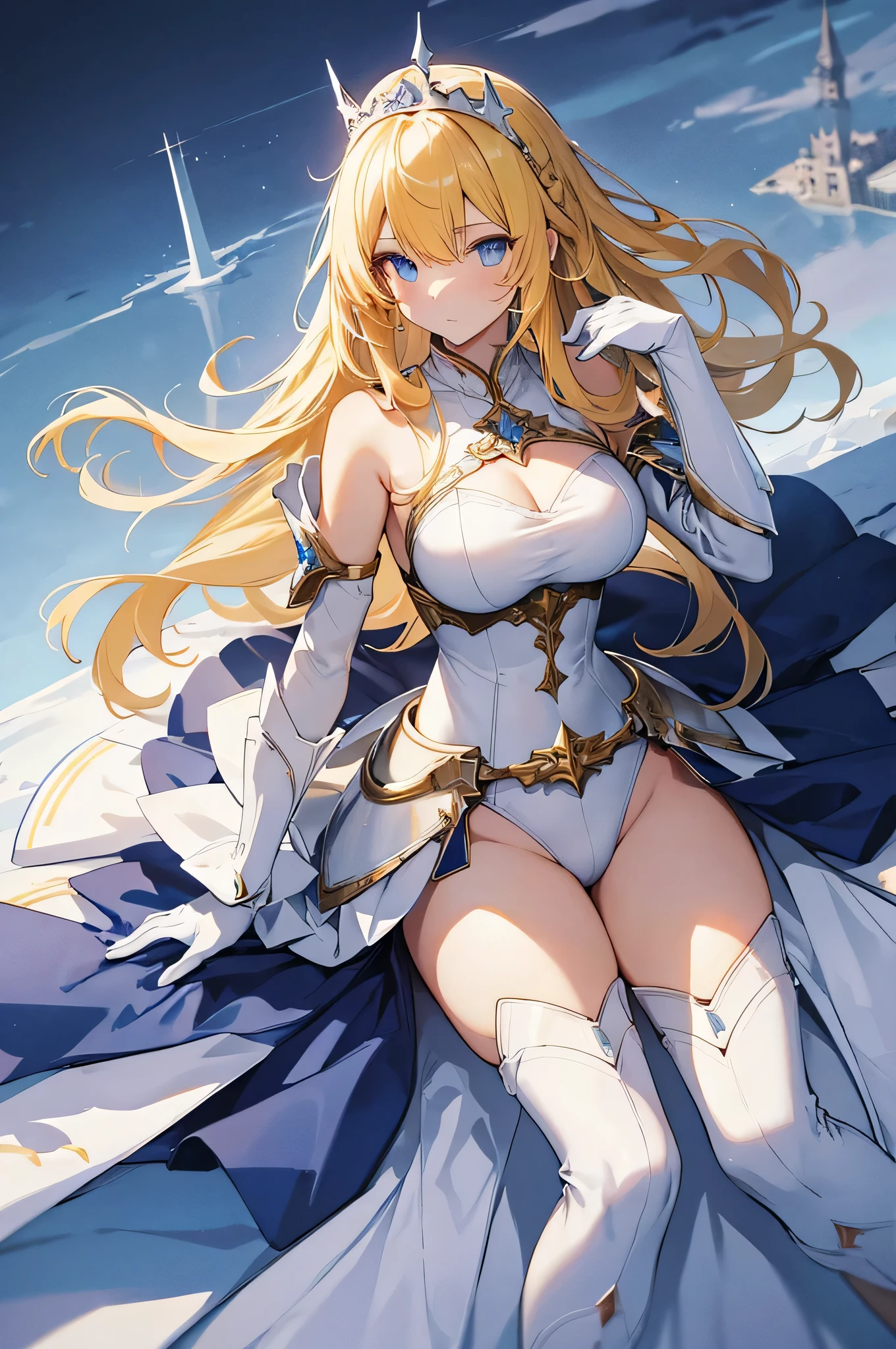 4k,hight resolution,Bright blonde hair,Bright light blue eyes,Longhaire,huge tit,valkyrie,mysterious armor,jewel decorations,Winged headgear,Excalibur,Temple in the Sky