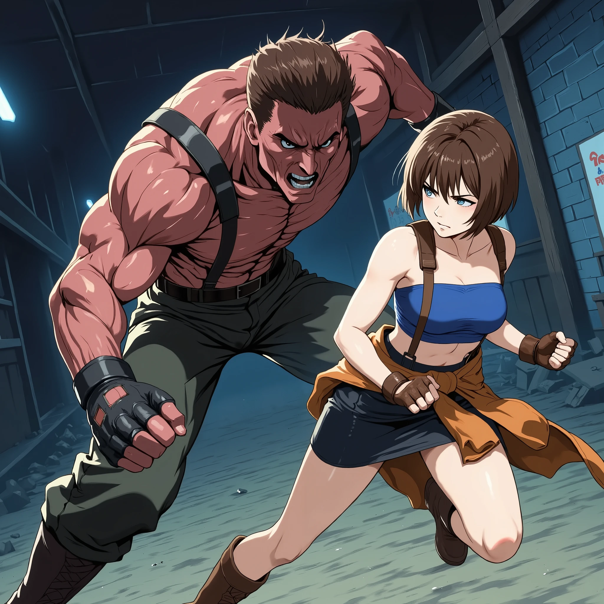 (masterpiece, top quality:1.2),((jill valentine))。Resident Evil 3。Fighting、The world view of Resident Evil 3。anatomically correct、Jill Valentine/(Resident Evil 3/)、 Active Angle。1 girl, 1 humanoid  Zombie monster ,fight、Staring at each other。female。Female criminal。。combat posture。。,face to face。hand,Perfect Hand。（female： brown hair, blue tube top, bob cut, short hair, suspenders, black pencil skirt, white clothes around waist, boots。Avoid。avoid。crisis。 Seriousness. Impatience. Fingerless gloves,Bending forward..）（Humanoid  Zombie Monsters： Zombie..Huge。helmet。Black shield on helmet.、shirtless。 thug 。Huge。attack。Discolored skin.）。egmid。. Ruins.
battle of the sexes,handfixer.。80sanime