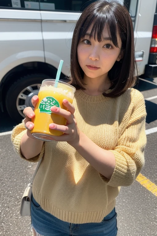 (RAW photo, best quality, masterpiece: 1.2), (photorealistic: 2), (Polish girl, 20 years old, black hair, Light grey eyes, short bob cut, hair in 7 thirds, hair over one ear, Symmetrical eyes, solo, Detailed Skin:1.1), Wearing a white oversized sweatshirt, dark grey pants, light blue and white Nike Jordans, a small pearl necklace, sitting Indian style on the grass, drinking a Starbucks latte from a clear cup with a green straw, angled slightly above, sunny, gel nails, smiling