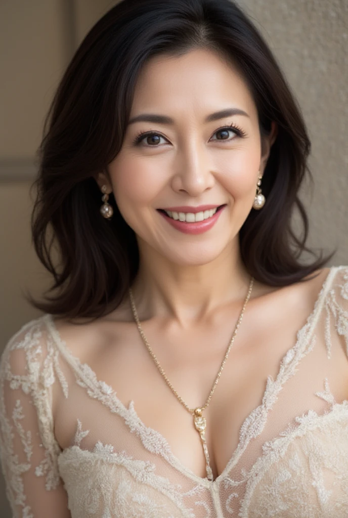 Best image quality、highest quality、8k、White tube top、skirt、C Cup、I can see her cleavage、45-year-old Japanese middle-aged woman、Fine wrinkles on the face、Black stiletto heel、walk、、Big earrings、Dark brown short bob、Realistic Hair、Realistic skin texture、Detailed face、Looking into the camera、Trance、I opened my mouth、Nipples are visible、Photo from the belly button up、Slightly loose skin、Cheeks are a little red、The gown is slightly open at the chest、whole body、Show off your thighs