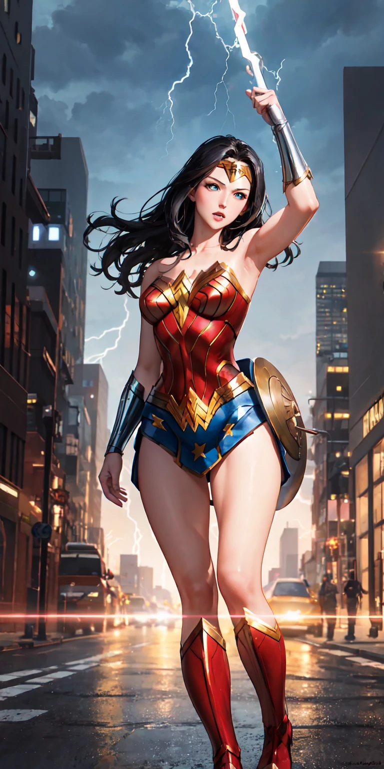 (masterpiece:1.2), (best quality:1.2), perfect eyes, perfect face, perfect lighting, 1girl, MILF, Female, superhero, leotard, bare legs, twirling, full body, city backdrop, 1girl, Wonder Woman, boots,