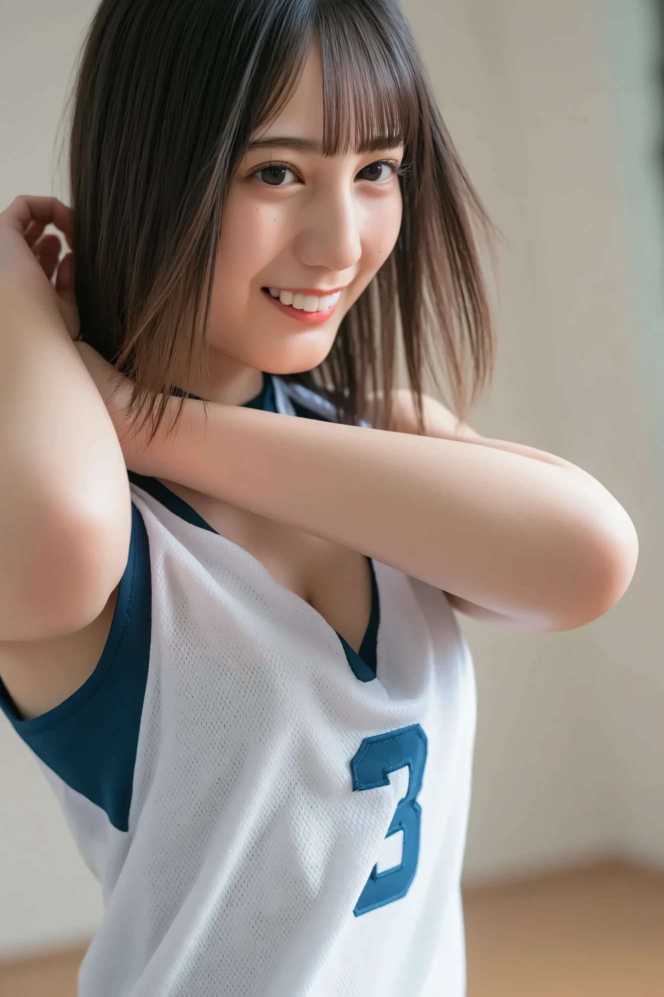 ((( High Resolution , top quality, very well detailed, masterpiece , highly detailed photos , realistic , Real people , Ultra precise skin ))) , ( from the side ) , full body , Advance Shot , Viewer , ( smile face ) , { She is volleyball player ( Wearing the uniform that is volleyball uniform ) , She is playing volleyball. }, { full frontal : 1.8 } , the dark hours of dawn , (( tuck hair behind the ear : 1.8)) , { nsfw }, In the gym