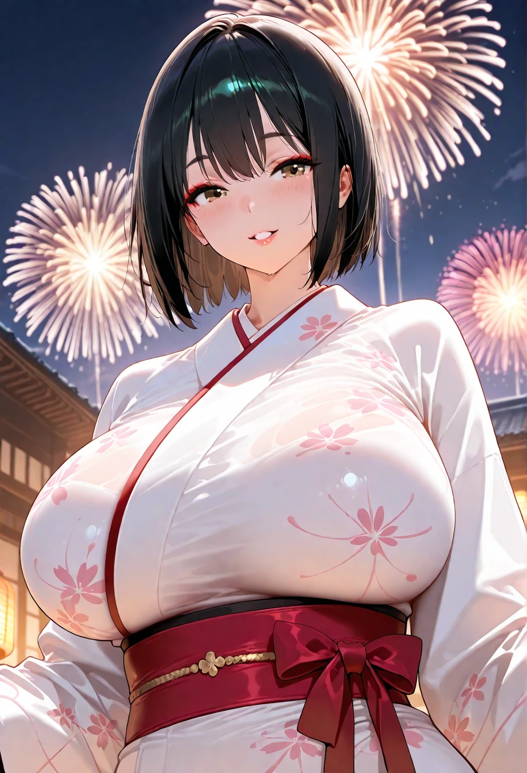((Highest quality))、((masterpiece))、(detailed)、((Anatomically correct))、One Woman、aldult、adult、look at me、((from the front))、(Ultra-glossy skin with attention to detail:1.1)、Glowing Skin、(Large )、((Slipping、Nipplessh your breasts togeth your arms))、(slouch)、bangs、Long Hair、Braided hairstyle、Japanese style hair accessories、Black Hair、(Beautiful Eyes:1.1)、Double、Pink lips、Slender、White yukata with small cherry blossom pattern、Red belt、Night festival、firework、Faint lighting