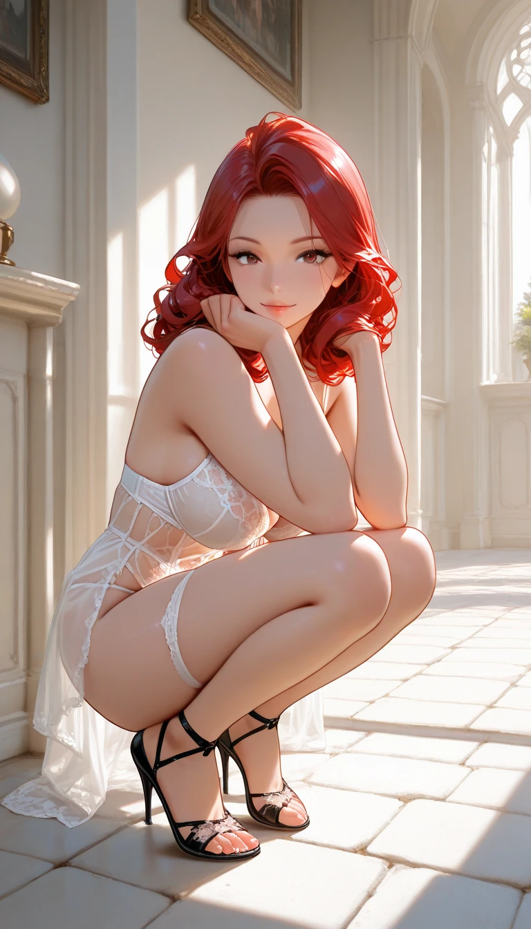Two women in lingerie suits posing in chair showing butt, red hair, with semi-open legged transparent lingerie, for a photo in a room, Wlop and Sakimichan, hyperrealistic schoolgirl, Loish and Wlop, trends in CGstation, Wlop and Ross Tran, a hyperrealistic schoolgirl, two beautiful anime girls, photorealistic perfect body, realistic fantasy rendering, realistic art style, realistic 3D anime --auto