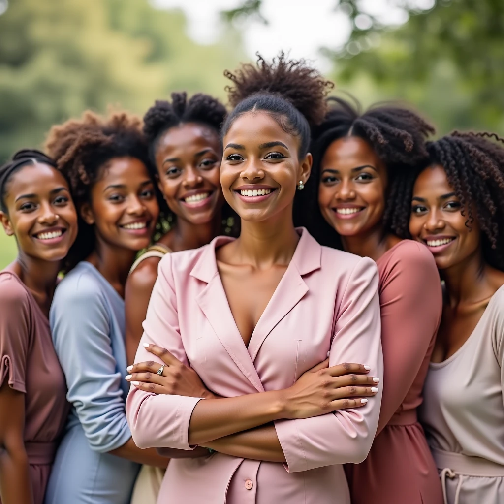 wide angle photo, group photo, 5 mature ladies close together, 50 yo, ebony, afro, blonde, happy faces, smiling, havey makeup, earings, necklace, jewelery, crowded office, morning, working place, crowd of mature people, formal suits, unbottoned shirts, nip slip, open jacket, sexy neckline, hot large neckline