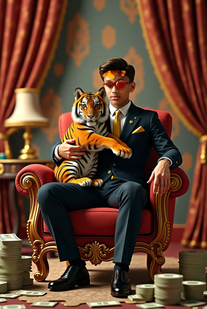 Tiger wearing gold chain, sitting in a king&#39;s armchair, women around you