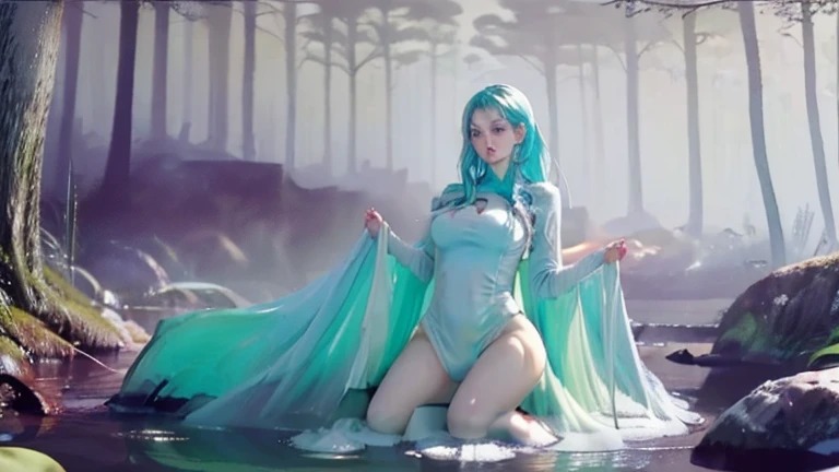Blue-green hair,Nice face,blue bikini armor,Heterochromatic pupil,ssmile,rays of sunshine,fully body photo,the soft light