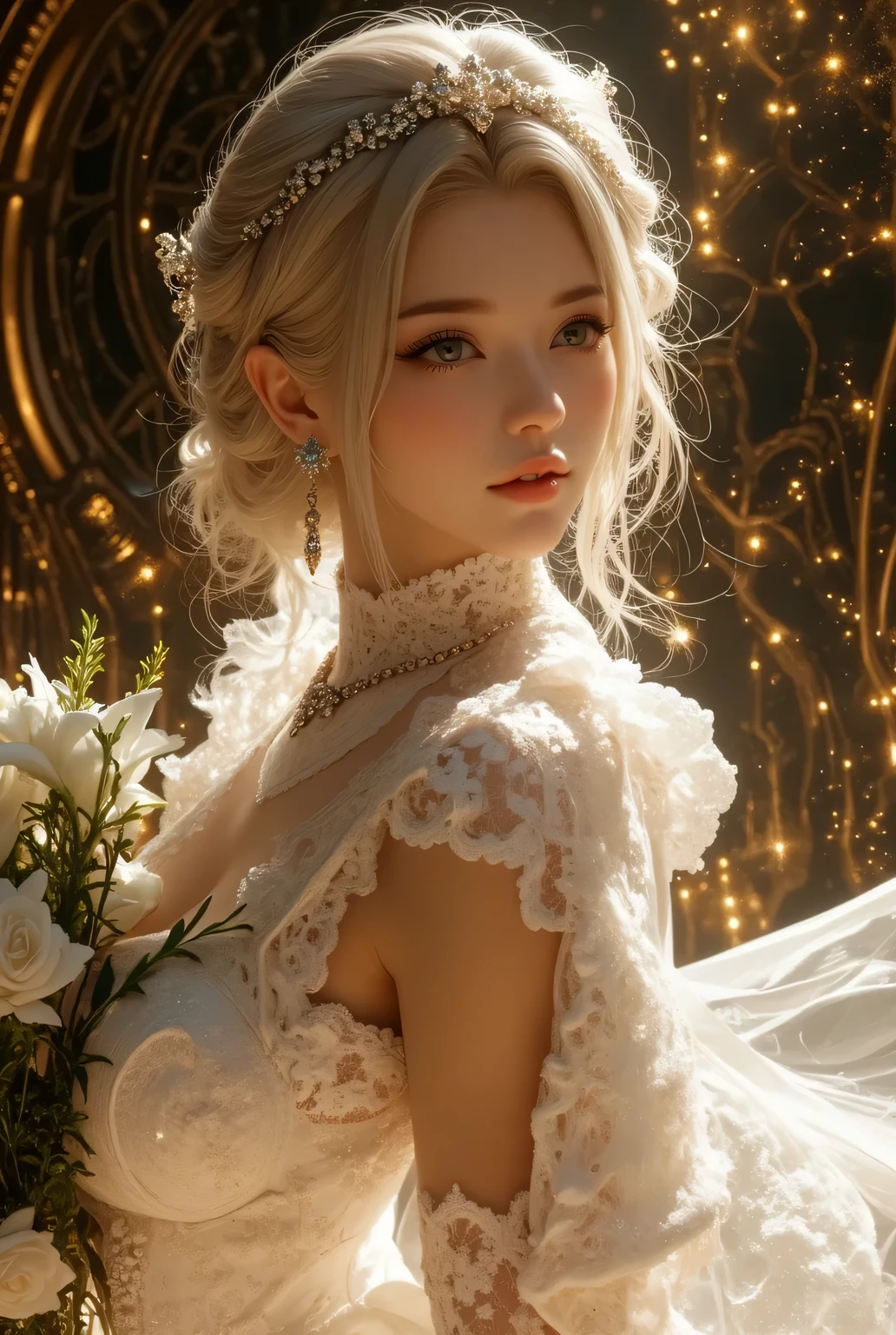  best quality , Super quality, 16k,  Unbelievably Absurd,  very detailed,  lovely photo,  delicate and dynamic,  Kiri Reina female,  seductive smile,  pure white wedding dress ,  great style , bouquet,  steampunk,  DIESEL PUNK ,  clock punk ,  cyberpunk, Glitter effect, shining jewelry, golden magic lights at dress,1girl
