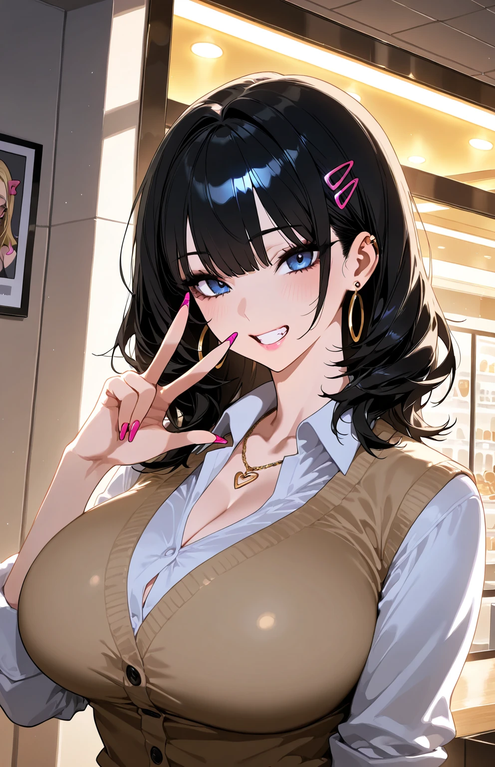 ((highest quality, 8K, masterpiece: 1.3)), concentrated: 1.2, Cute girl 1,nipples erect、Braless walk、 Perfect beauty: 1.4,hoodie: 1.2,Long sleeve、randal color、comics&Text Graphics、Short sleeve pajamas,1.1, Highly detailed face and skin textures, Fine grain, double eyelid, whitening skin, ,highest quality,Ultra-high resolution,you,1 girl,alone,_Shiny_skin,Iris,necklace,((Brown_length_Wavy_hair)),(lips)),eyelash,front hair,deal with,compensate,Shiny,pore,skin texture,big breasts、smiling face、living、