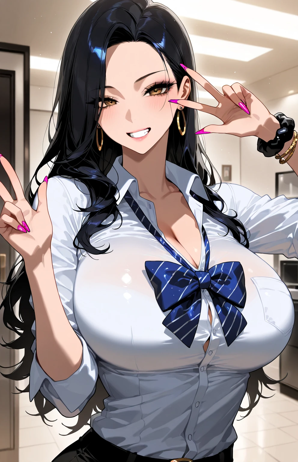 score_9, score_8_up, score_7_up, score_6_up, score_5_up, score_4_up, yu hee, brown eyes, black hair, long hair, large breasts, mature woman, 1girl, long_hair, blush, sweat, purple_eyes, brown_hair, lips, purple_hair, solo, gyaru, 1girl, kogal, loose_socks, solo, jewelry, clothes_around_waist, breasts, wrist_scrunchie, sweater_around_waist, skirt, large_breasts, necklace, school_uniform, smile, looking_at_viewer, cleavage, scrunchie, socks, hand_on_hip, long_hair, earrings, bracelet, shoes, loafers, v, nail_polish, sweater,black_skirt, cafe, indoors