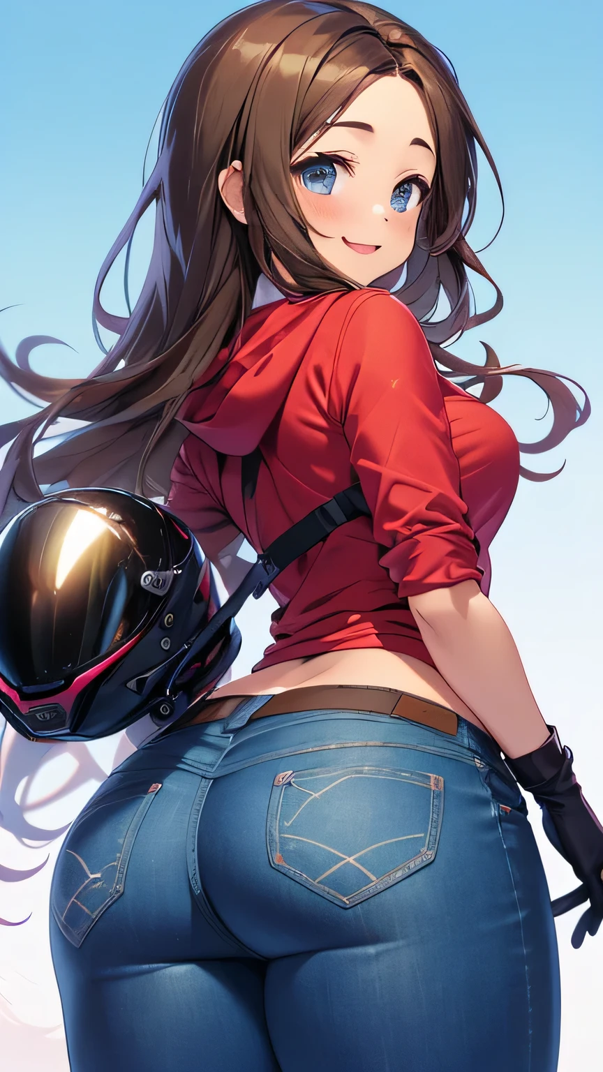 1girl ass brown_hair denim gloves goggles goggles_on_headwear helmet highres hood hoodie jagi_(jagi_souken) jeans long_hair looking_back motorcycle_helmet nike_(company) pants shoes simple_background smile sneakers solo toki_ayano yurucamp