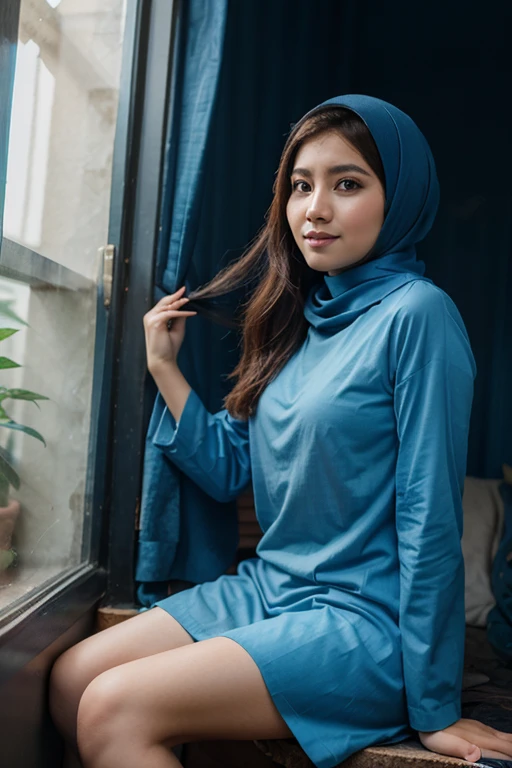 ((Best quality, 8k, Masterpiece :1.3)), Full body, Sharp focus :1.2, Beautiful woman with perfect figure :1.4, Slender stomach :1.2, ((cyan, and black hair)), body dress : 1.1 , ( Night city view, large windows, rain outside, Bedroom :1.1), Highly detailed facial and skin textures, Detailed eyes, Double eyelids, large breasts, Muslim clothing, hijab, Interior Scene, Office, restrained