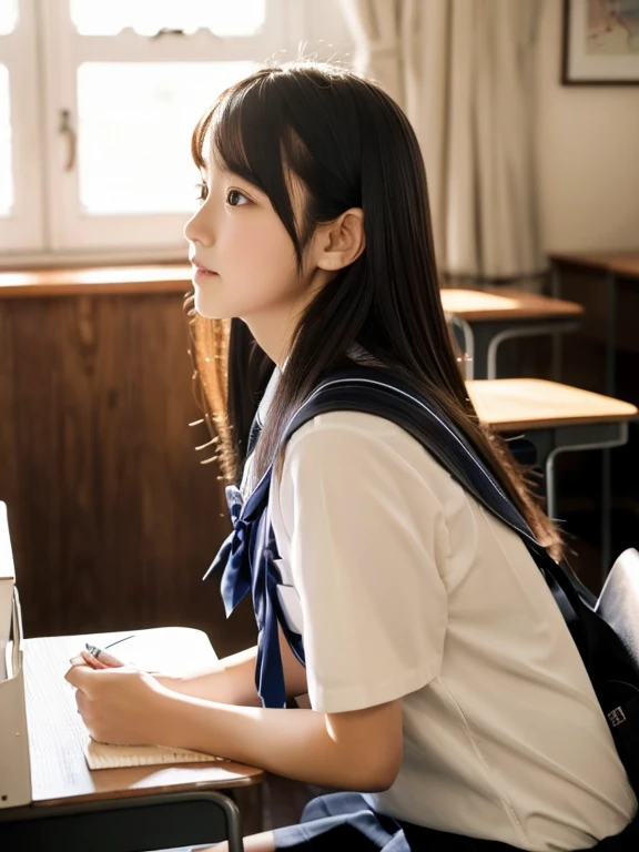 ((One woman))、A beautiful girl looking at the camera、Photographed from the front、Photo taken by a professional photographer、Only one person、Imagine a charming illustration in the style of Loundraw, draw a beautiful high school girl. she is wearing a classic school uniform, Comes with a fitted skirt and perfectly lined shirt. her long black hair, with soft bangs, fall gracefully onto her shoulders. The girl is depicted in a school setting, calm and serene environment, illuminated with soft, neutral light. landscape details, school desks and chairs, blackboard and books, Carefully rendered to create an authentic atmosphere. The girl's expression is calm and concentrated., Her research reveals her determination. The illustration conveys a feeling of tranquility and concentration, Capturing the subtle beauty of school routines in delicate and emotional artistic compositions.