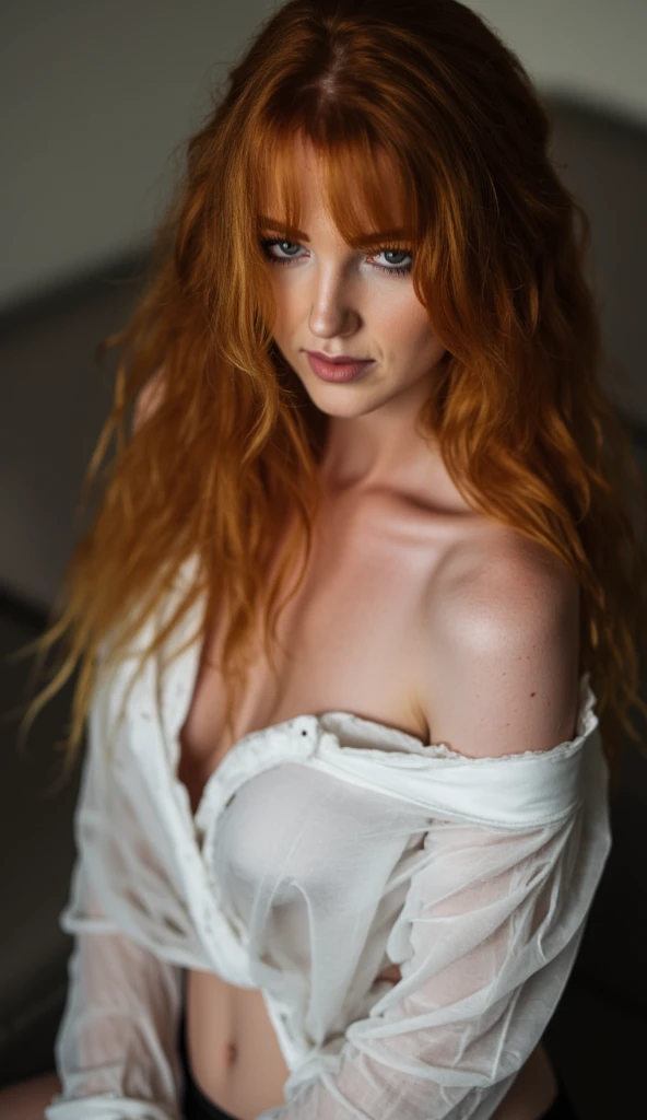 (full body shot:1) photorealistic image of a (sitting pose:1) ultrarealistic, photography, long red hair, woman, 24 years old, hourglass figure, perfect body, Flirty look, natural medium breasts, blur background, she is sitting on a modern white couch in the living room, she is wearing a white skin-tight top and black skin-tight shorts, it is pitch-black night outside the window, the moon is visible through the window, the room is dimly lit