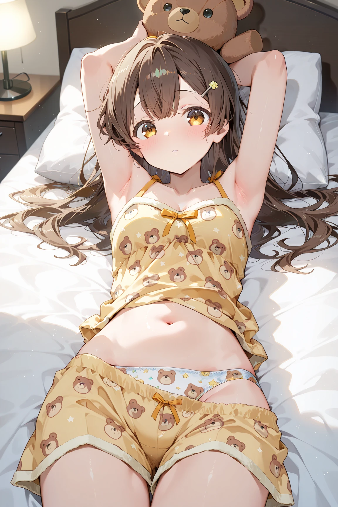((Brown hair)),((Curled Hair)),(medium-Long hair:1.25),(With black eyes),(With bangs),Slight red tide,(Pajama long sleeve cardigan clothes with lots of frills),(Hair band made of fluffy material),((All white, reddish,cream)),(Colorful, Cute pajamas with camouflage pattern),(Cute fluffy socks like a fairy tale),((Colorful and pop world view)),(((body shape is slender))),(Navel Bow Style),(Smiling smile),(close up of face)((Sleeveless Nightgown)),((Shorts made of soft and voluminous sweat material)),(room style),((Perspective from below)),(Sitting on the couch、Place a cushion under your armpits),