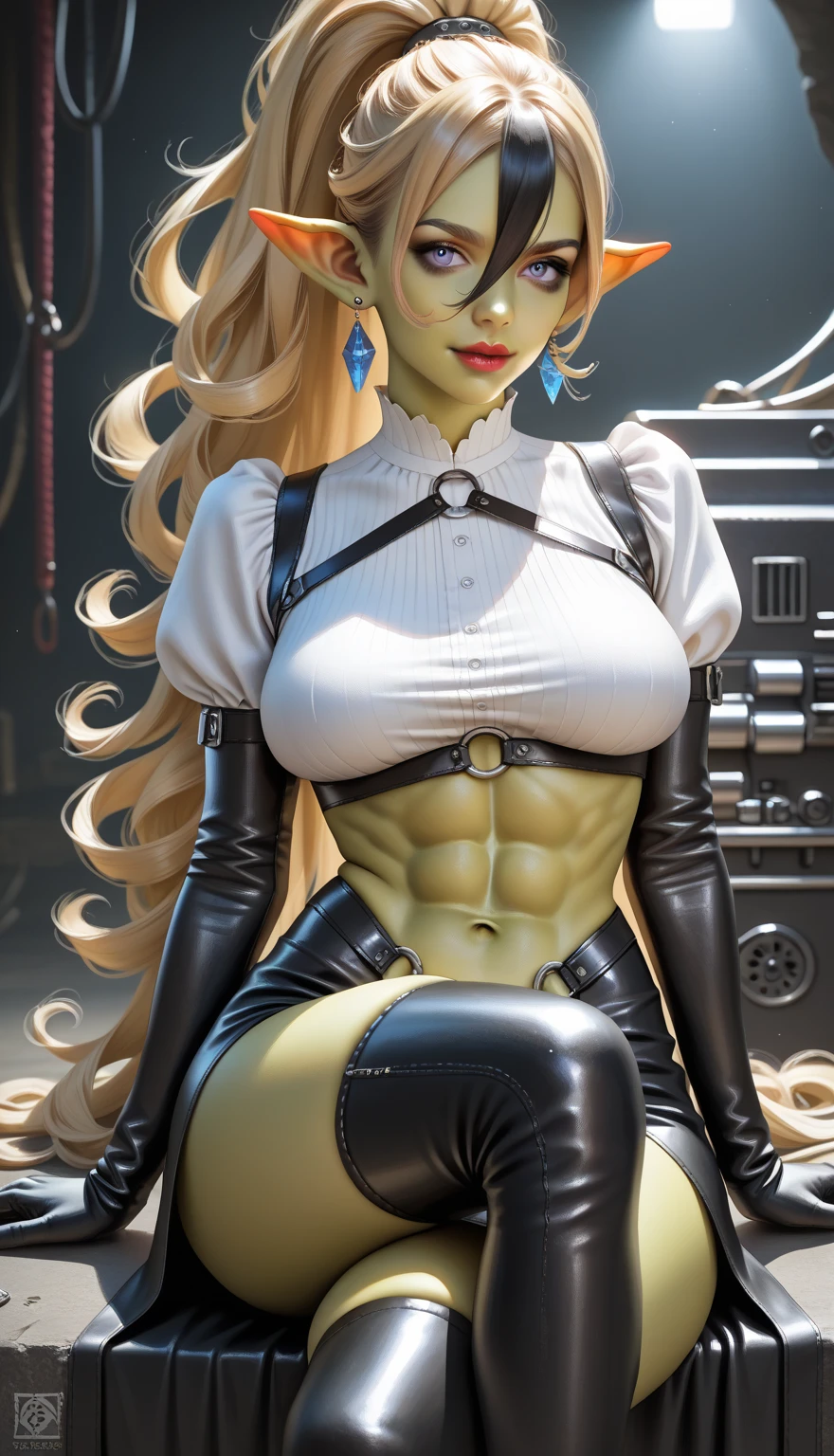 Tatsumaki from one puch man, green hair, sitting, thick body, Thick legs, black pointy flats, skirt, entire figure, no background, picture focus on legs, focus on flats, show entire figure