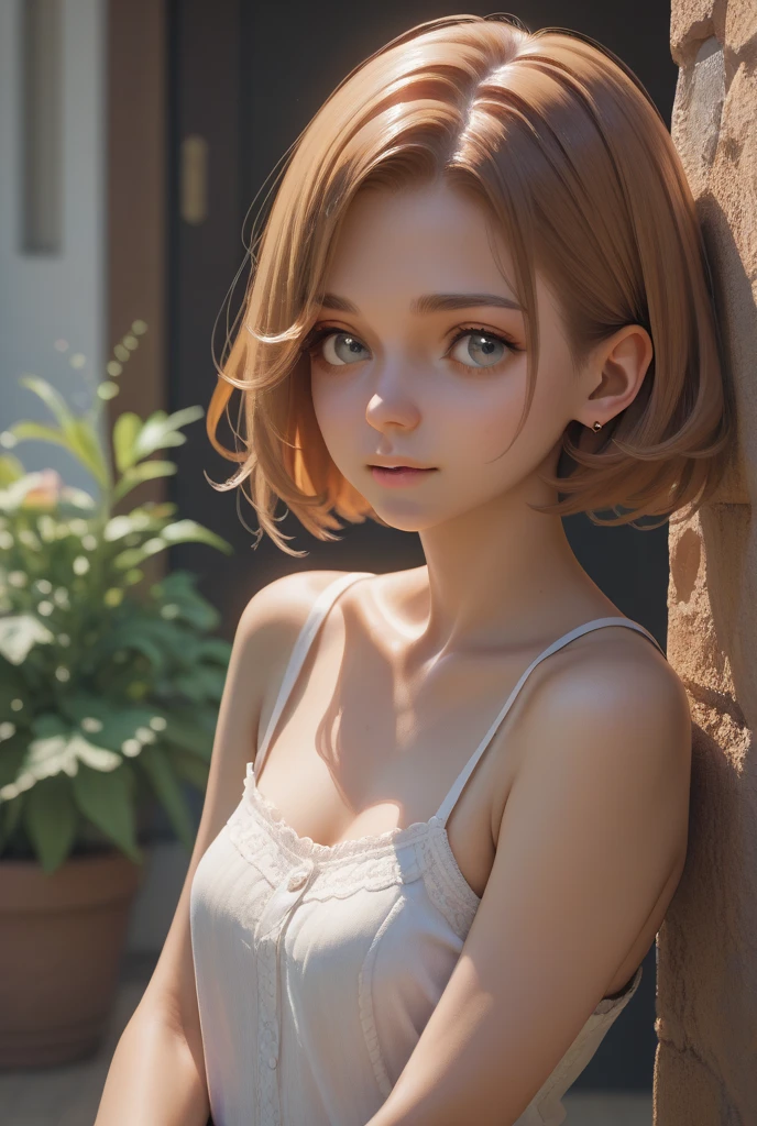 waist up, looking at camera, (againts pink leaves) tree, natural skin texture, 4k textures, soft cinematic light, intricate details, elegant, highly detailed, sharp focus, soothing tones, exposure blend, hdr, faded, hyperdetailed, backlighting, 85mm, close-up, best quality, (photorealistic:1.2), volumetric fog, analog style, (cinematic look), blonde, green eyes, bob hair, 1girl, glowing skin, blush, upturned eyes, cleavage