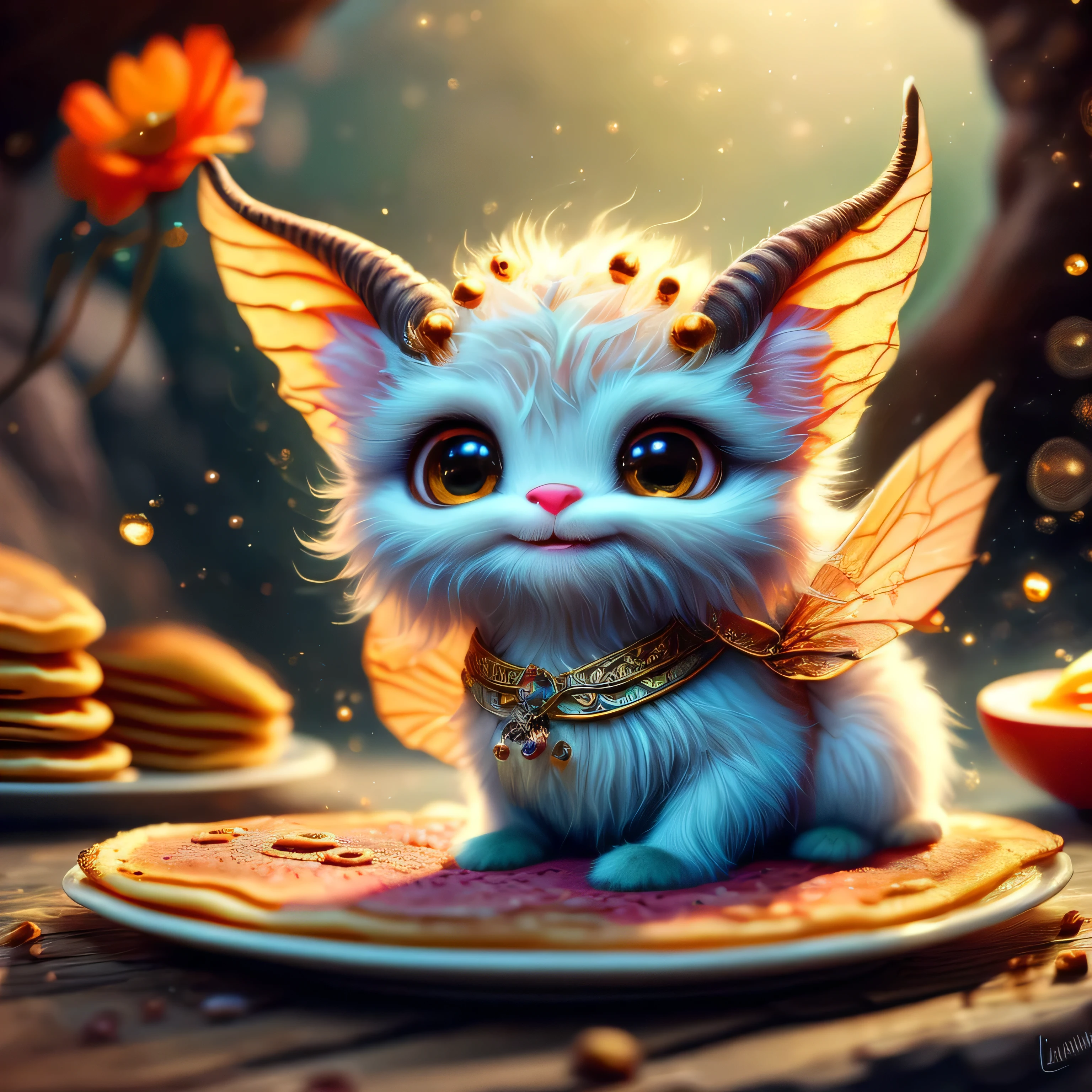 whimsical airbrush and oil painting, best angle of a Very cute pink ethereal shimmering mythical graceful transparent anthropomorphic furry agathion imp holds enchanted plate of pancakes, thin paws, fragile legs, agathion imp spirit, Mystical cavern where the honeycombs hang in a professional photograph by Awwchang :: Luis Royo :: WLOP :: Artgerm Lau :: Anne Stokes :: natural deep colors