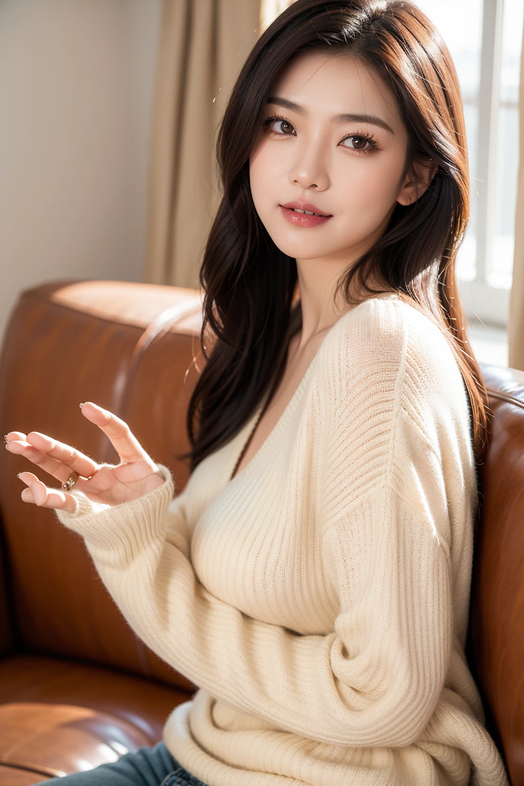 1 woman、Korean、Korean、vertical striped sweater、white sweater、tight sweater、pouch on chest、intricate details、high quality、(upscale:1.4)、Staring at me、ultra realistic 8k、A charming smile perfect face、perfection、clean、masterpiece、professional artwork、famous works、perfect face、beautiful expression、beautiful eyes、short black hair、high heels、wet hair、very big breasts、best image quality、natural background、(focus on chest)、No pants