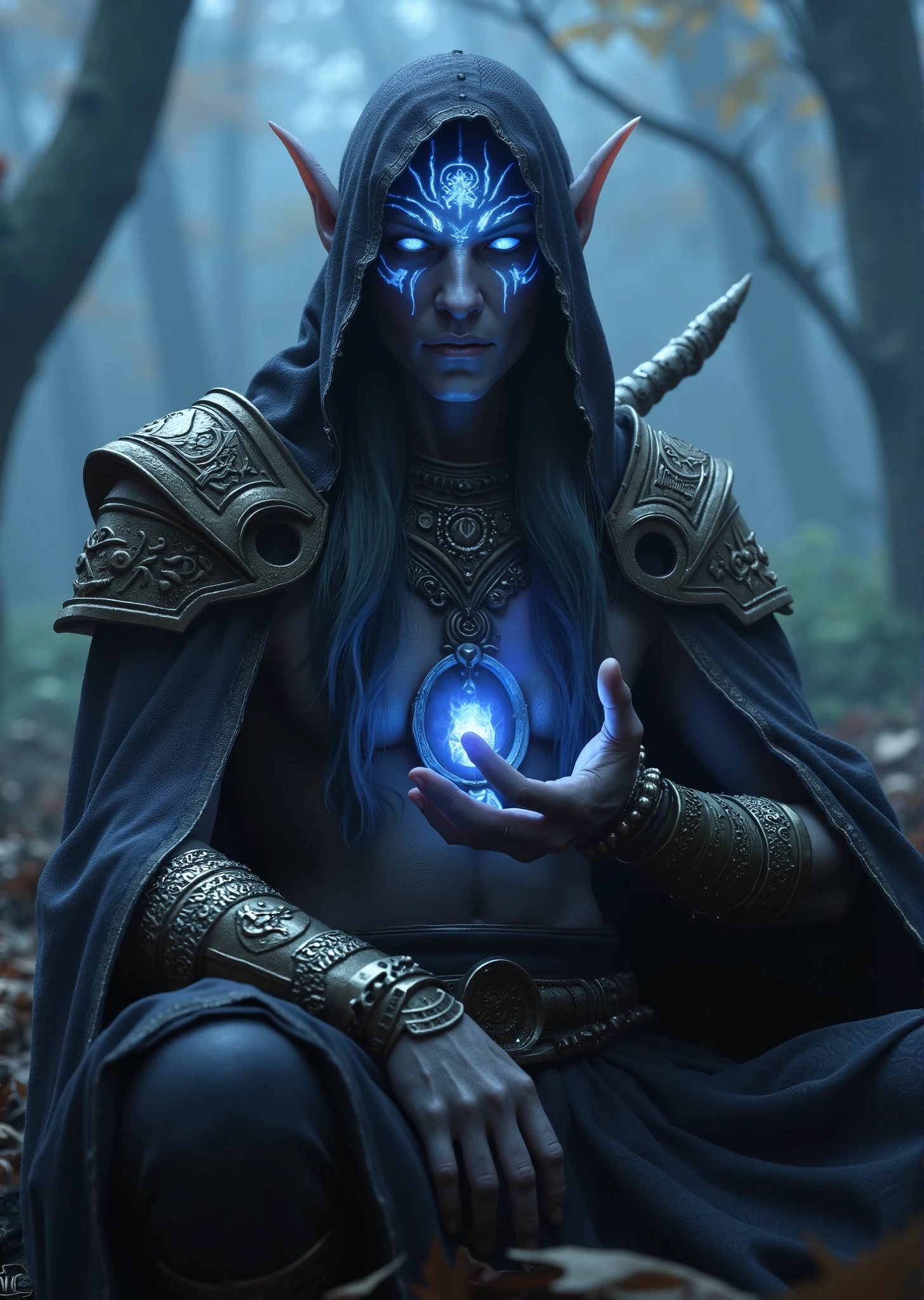 The elven members of the Val'Sevryn Clan have a unique and intimidating appearance, as a result of their connection with the arcane seals and the power they carry. Its presence imposes respect and mystery, and is easily recognized among the elves. 👤 Traços Físicos Únicos 🔹 Pele marcada por selos mágicos – Cada membro carrega inscrições arcanas gravadas na pele desde o nascimento. The symbols shine slightly when they activate their powers. . These marks grow and change as their seals become more powerful. 🔹 Eyes of sealing energy — Their irises have rare, ethereal tones, like liquid silver, spectral blue or deep violet, and shine slightly when using their abilities. Some clan elders have completely white eyes, because they spent decades dealing with powerful seals. 🔹 } Dark or opalescent hair — Most dos Val'Sevryn has dark hair like night, representing the darkness of the secrets they hold. Some few are born with white or silver hair, a sign that they have an even deeper spiritual connection with the seals. 🔹 Aura of mystical gravity — When a clan member is close to, the atmosphere around them seems denser and charged with energy, as if reality itself were being held under control by their presence. Some say they make time seem to slow down when they are focused on a sealing ritual. 🖤 Enchanted fabric clothing — Wear black or dark blue robes with shiny embroidered runes, , which serve as magical protections against intruders or attempts to break seals.
🔹 Sealing bracelets — They always carry handcuffs and enchanted chains on their wrists or ankles, forged with mystical minerals that help reinforce their imprisonment spells.