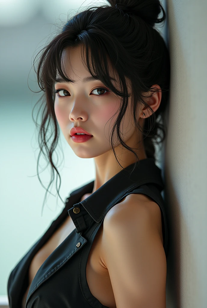Best quality, masterpiece, ultra high res, (photorealistic:1.4), raw photo, 1girl, DARK hair, shiny skin, WET BODY, dramatic lighting, full body, bitch, micro bikini, huge breasts