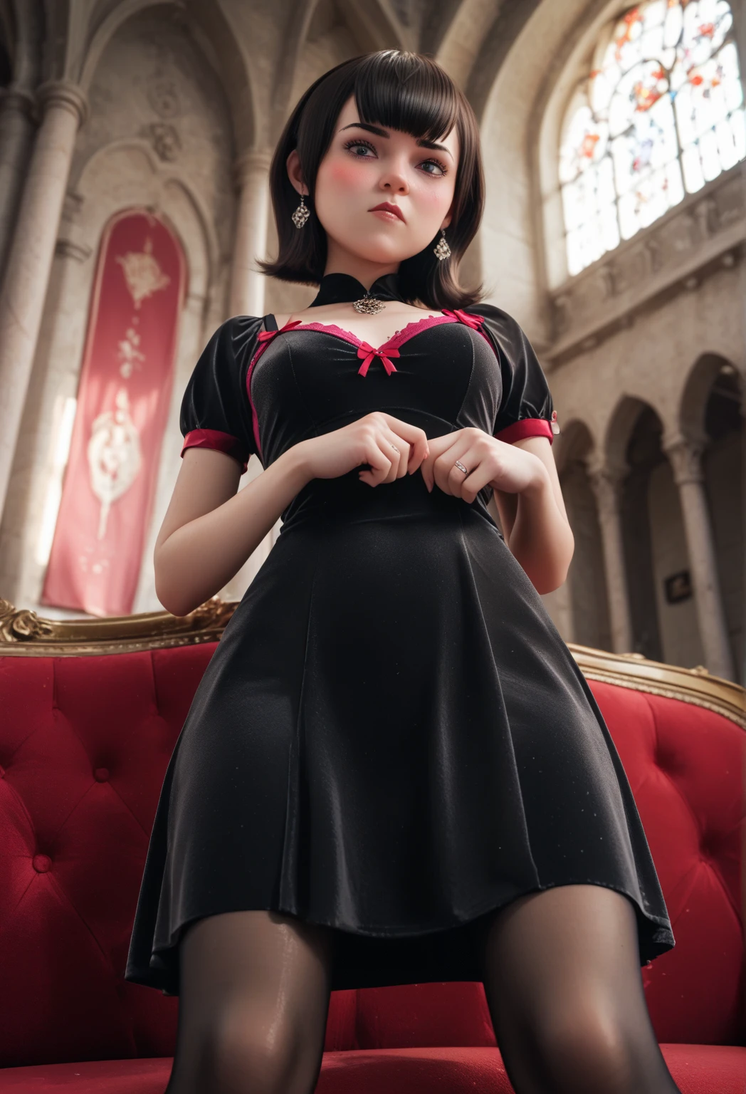 Delicate and dainty young woman with shiny bob-cut black hair and real cat ears. She is wearing red only dress with mini-skirt. The background is a fantastic and ethereal night sky that seems to be haunted by a specter. Her expression is stern and atmospheric. , real photo style, beautiful face, stockings, angle from below