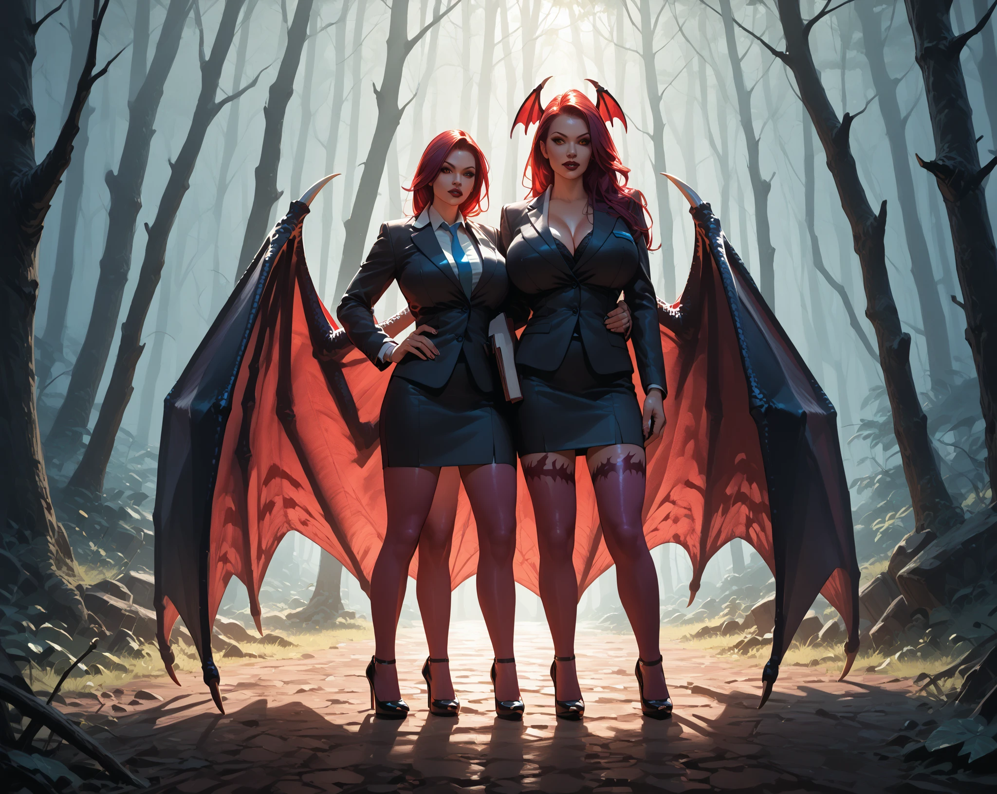 45-year-old American red-haired woman real face with curvy body green eyes tender look and naked mischievous smile with a transparent silk on her body full of gothic tattoos in the forest with moonlight real landscape