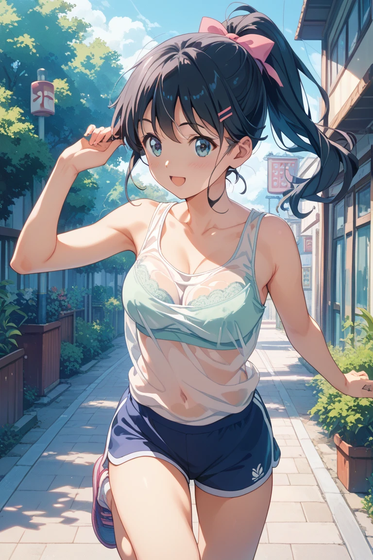 (8k, RAW Photos, 最high quality, masterpiece:1.2), high qualityのRAWカラー写真, Professional photo shoot, Cinematic Light, alone, (((young woman, Gal))), (Sharp features), (Small face), (Skin with attention to detail:1.2), clavicle, Cute Face, beautiful appearance, Long eyelashes,Girl Turning Around, smile, (Black Hair, Long straight line), Tank top, Tight high leg panties, Birds chirping, Confident attitude, Capture the happy moment, Artistic painting,Attractive thighs, sneakers:1.2, (Very nice touch:1.2),はにかんだsmile), Peaceful atmosphere, Oil painting style, Bright colors, (Are standing:1.5, lean on a tree, Full body portrait), Smooth texture, Gazing Eyes, beautiful Skin, Glowing Skin, ((Perfect Fingers, Five Fingers, Anatomically correct)), Background Blur, high quality, Surreal, ((Very detailed, photo shoot)),thin、Open shirt、showing her 、beautiful Abs、Baseball cap、Sweaty、beautiful 、My whole body is wet with sweat、Selfie、Sparkling eyes、Show me her、((Muscular whole body))、Sweaty skin
