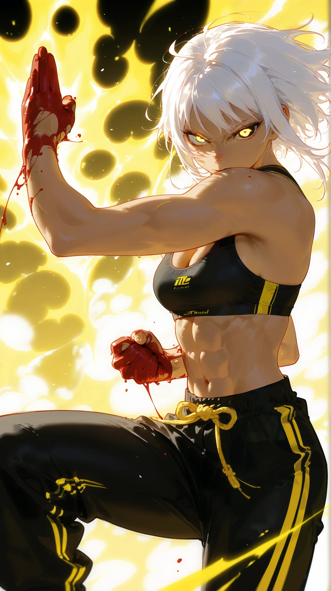 Beautifull, Athletic, alone, woman, , white hair, black yellow eye, sport bra, black pants, , intricate sketch, expressive eyes nose and mouth, Abs, simple pose, martial art stance, blood on her fists , perfect Anatomy