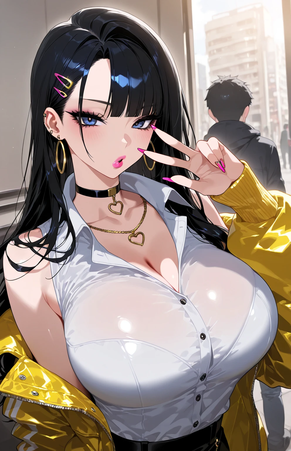 (masterpiece),(intricate details),1girl,pale skin,mature female,straight hair,long black hair,((smile)), BREAK , ((Striped_off-shoulder_crop_top)), huge breasts:2.2,high-waisted_pencil skirt_shorts, gold_earrings,, ((nightclub)),,((disco)),,((upper body)) BREAK looking at viewer,((slanted eyes)),eyesight,big eyes,blunt bangs,
