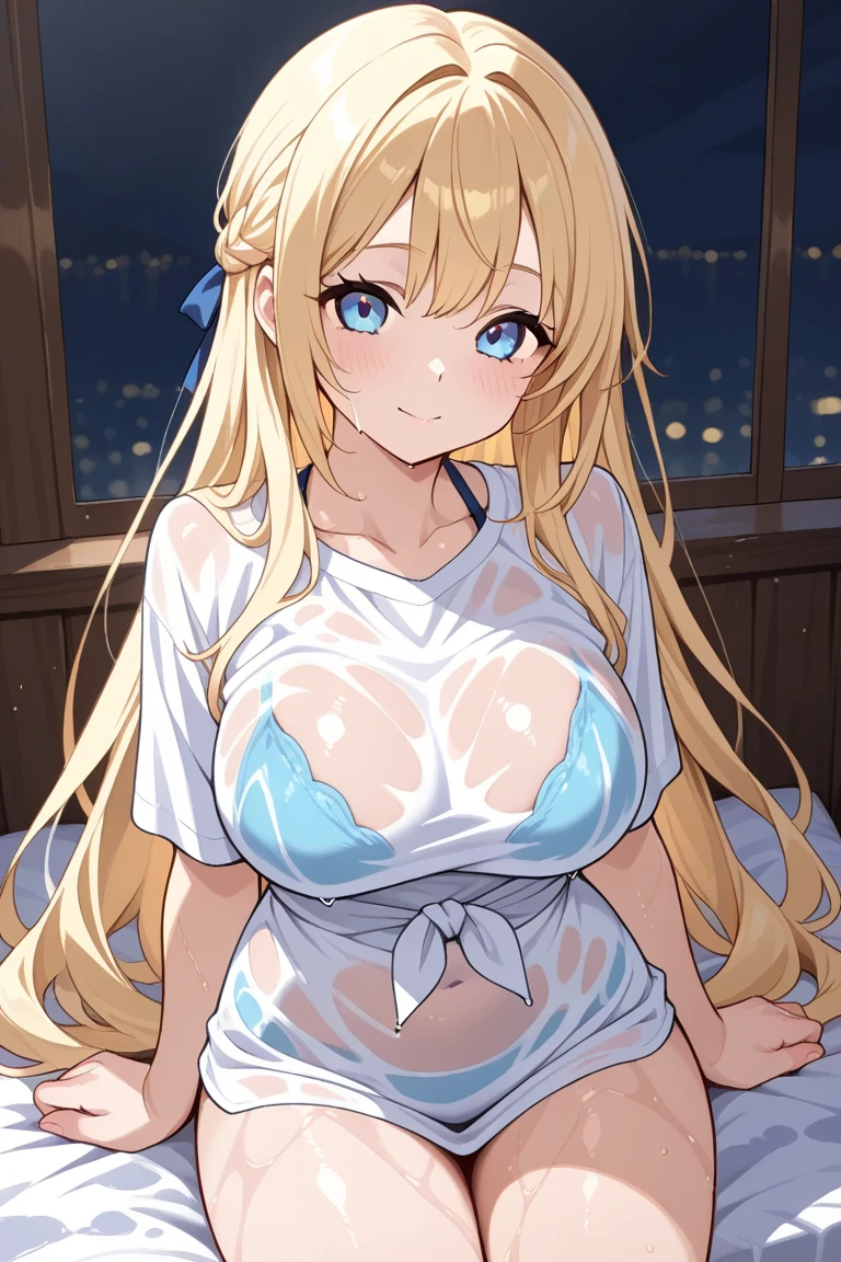 ((highest quality、High resolution))、Portrait、A beautiful woman、Perfect body、Beautiful ample breasts、Long blonde、bangs、Blue and white、Embellished blue sexy dress、skirt、Sexually excited facial expression、Nipples、Love juice、No panties、((Two beauties showing their pussies))、I'm inviting you to have sex、Outdoor Scenery