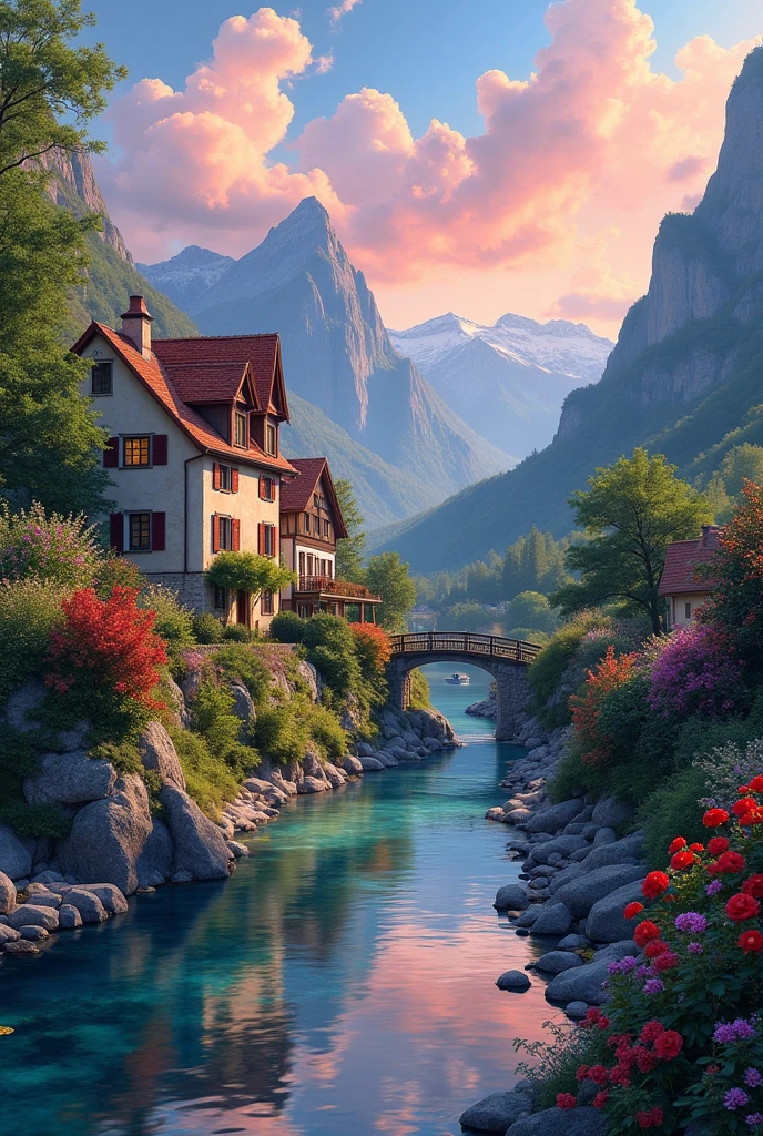 A small riverside village, mountains in the background, colorful ...