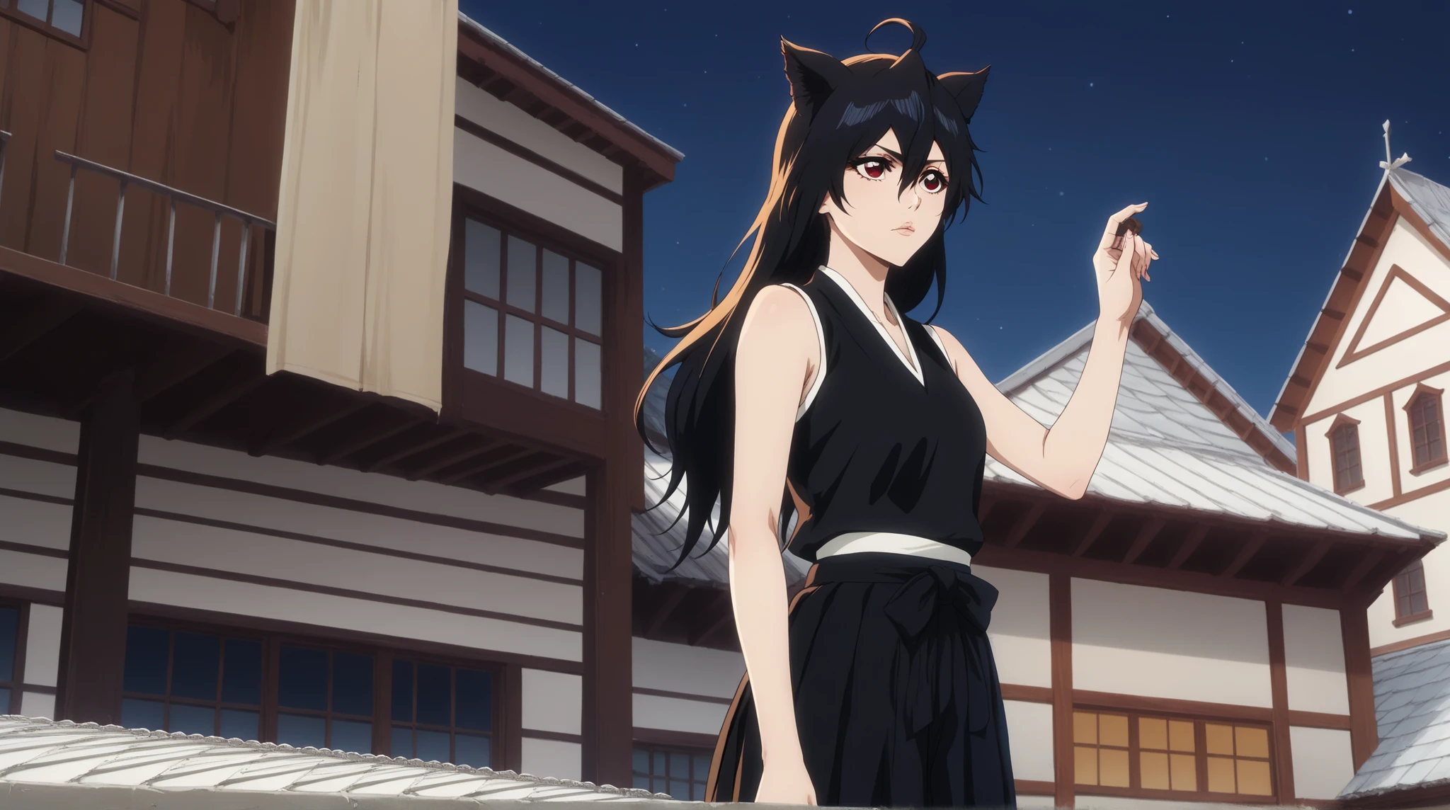 a fifteen-year-old girl , young lady , One, shinigami from the anime bleach .
Appearance: , junkotvvxl , red eyes, black hair, cat ears, blows, hair between eyes, long hair, , (Ahoge), straight bangs, hair between eyes, , black clothes шинигами, sensual lips, Mouth closed , ((kosode black , sleeveless black hakama , black clothes синигами, sin mangas)) black clothes, black clothes , black clothes синигами, ((( black clothes )))
Standing on the roof of a tall building , tall white house Orange tile roof , girl standing on the roof of a tall house , Orange tile roof , night, officer, большая жëлтая officer за спиной девушки, Hair grows in the wind