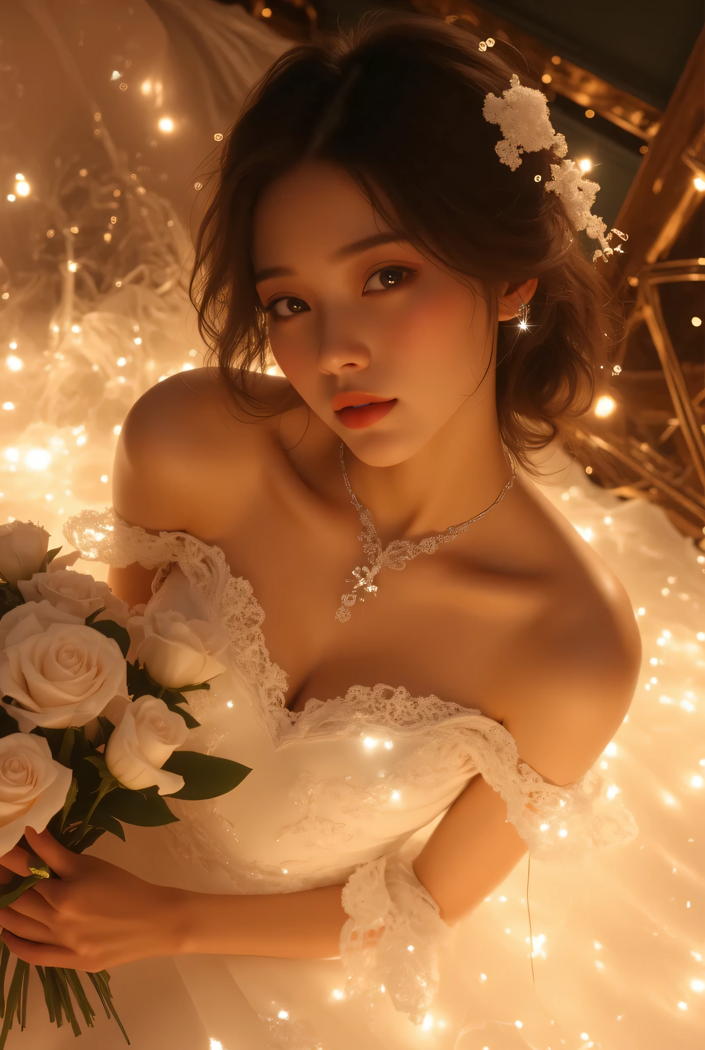 best quality , Super quality, 16k, Unbelievably Absurd, very detailed, lovely photo, delicate and dynamic, Kiri Reina female, seductive smile, pure white wedding dress , great style , bouquet, steampunk, DIESEL PUNK , clock punk , cyberpunk, Glitter effect, shining jewelry, golden magic lights at dress,1girl, orgasm pose at bed,