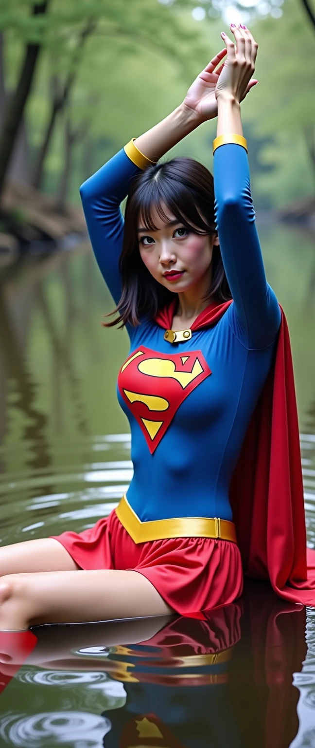 (masterpiece:1.2, Highest quality), (Realistic, photoRealistic:1.4), Beautiful illustrations, Browsing Caution、(Natural Side Lighting, Cinema Lighting), Written boundary depth,
Looking at the audience, (Face Focus, Upper Body), Front view, 1 girl, Japanese, high school girl, 15 years old, Perfect Face, Symmetrical cute face, Glowing Skin,
(Bob Hair:1.7,Black Hair), Asymmetrical bangs, Big eyes, Droopy eyes, long eyelashes chest), thin,
Beautiful Hair, Beautiful Face, Beautiful and beautiful eyes, Beautiful clavicle, Beautiful body, Beautiful breasts, Beautiful thighs, Beautiful legs, Beautiful fingers,
(((((super junior high school girl))), Marvel Heroines, Abstract, psychedelic, (creative:1.3), Fantasy 00d、 Black Hair、bob cut with trimmed ends、Big Breasts、thin crotch、belly button、High-leg style、Red Cape、White panties、Her panties are visible under her wide-open legs.、((Show your crotch)),(((Squat)))、Keeping your butt on the ground、Transparent clothes、 ))
(Beautiful views), evening, Squatting down, (smile, Superior),(Poor visibility:1.5)