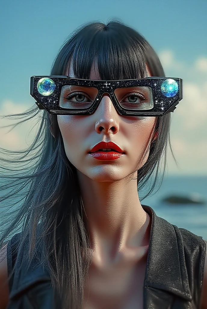 The model is wearing glass sunglasses with stars and the moon on the glass