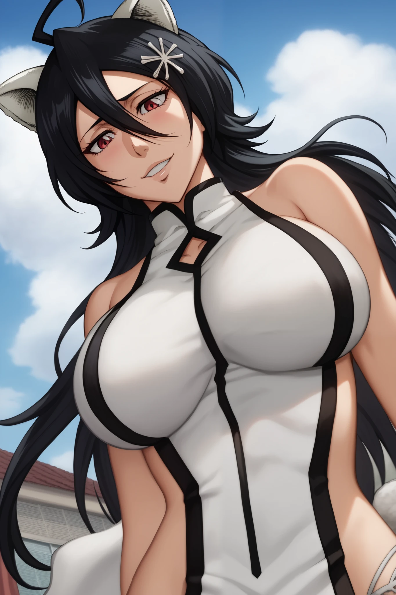 masterpiece, best quality, ultra-detailed, illustration, colorful, falt color, depth of field, lens flare, 1girl, ahri \(league of legends\), black hair, yellow eyes, hair ornament, fox ears, fox tails, anime, (shortstack), (shortstackBT), (closeup), (upper body), cowboy shot, looking at viewer, at forest, (white bridal see-through leotard, cleavage), short height, detailed skin texture, beautiful detailed face, smile, seductive, alluring attire, collarbone, (gigantic breasts, perky breasts, huge breasts, curvy, voluptuous, curvaceous)