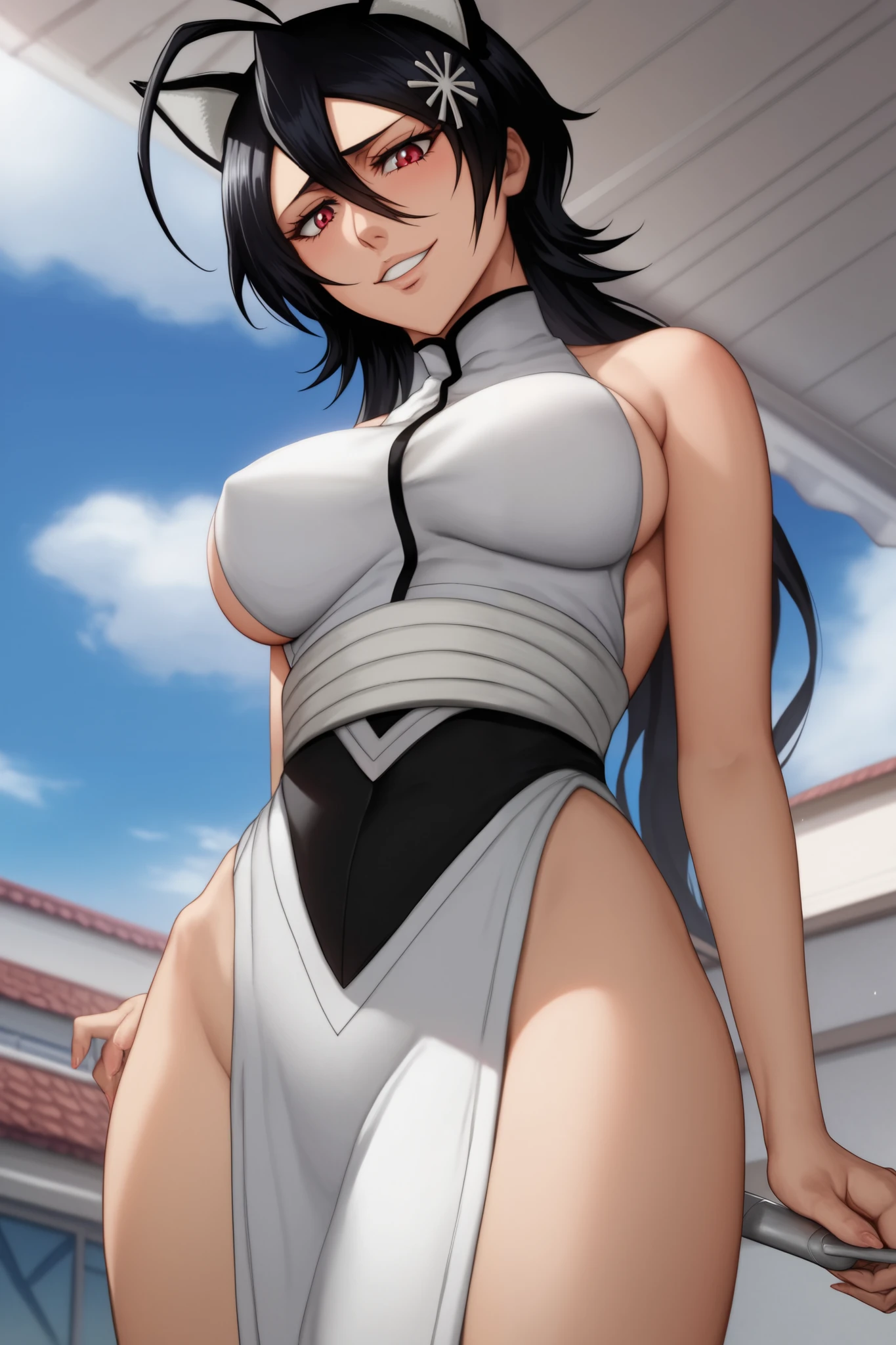 1girl,looking at viewer,dark skinned female,long hair,black hair,((green eyes)),((perfect anatomy)),thick long eyelashes,shiny hair,muscular female,thick body,wears a a dress with a high neckline and white panties,,v-shaped eyebrows,bangs,castle,forest,scenery,