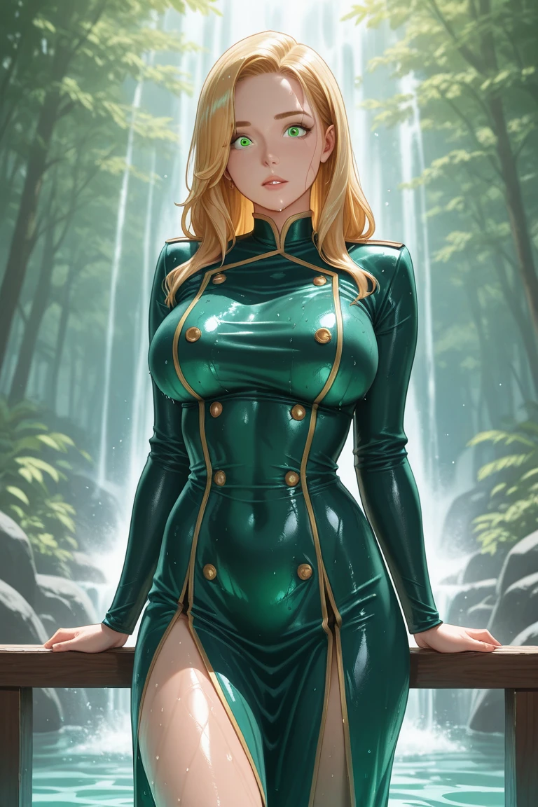 gorgeous woman, slime corset, ((biopunk)), long blonde hair, slime pants, belts and straps, pouches and vials, chains, standing in an biotic workshop, green bubbling liquids and slime, see-through clothes, transparent slime, nsfw