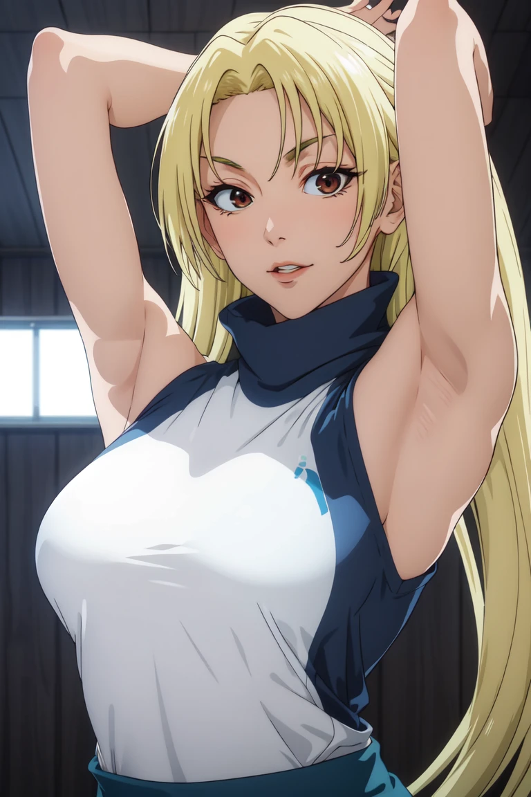 YukiTsukumo, 1girl, AS-Adult, blonde, long hair, female focus, solo, sleeveless turtleneck, facing viewer, arms up, armpits visible, detailed armpits