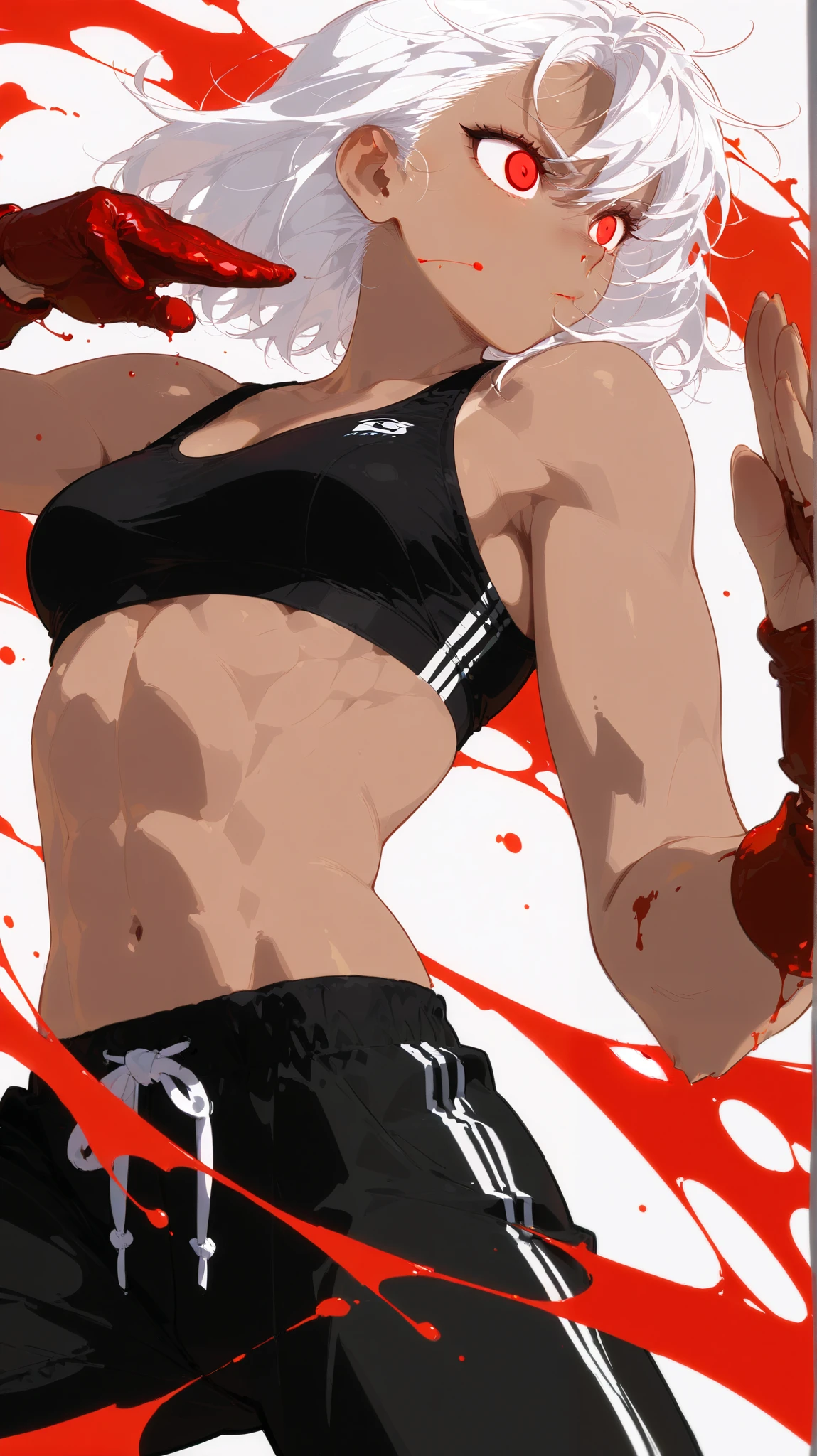 Beautifull, Athletic, alone, woman, , white hair, black red eye, tan, sport bra, black pants, , intricate sketch, expressive eyes nose and mouth, Abs, simple pose, martial art stance, blood on her fists , perfect Anatomy