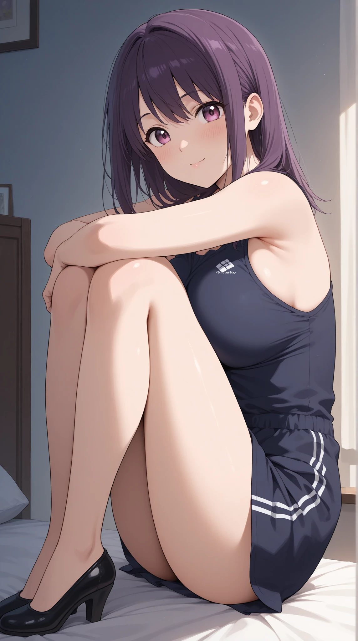 (high quality、high resolution、masterpiece)、1 Girl、On the bed、Tank top、Shorts、barefoot、chest、Beautiful face、Beautiful body