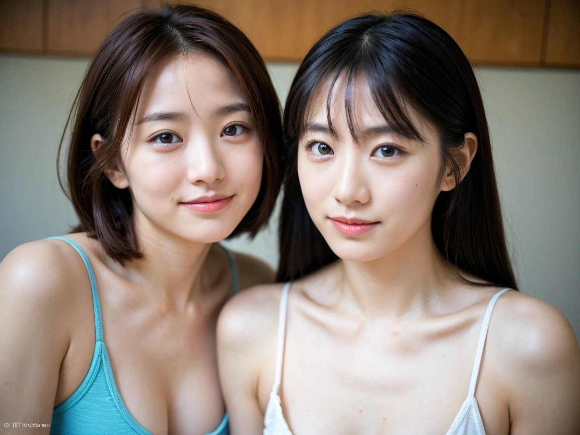 Best-quality, Masterpiece, Ultra-High-Resolution, (Photorealistic:1.9), Raw-Photo, ((A lesbian-couple of the most famous Japanese idol who is -yeld ande most famous Japanese actress who is 30-years-old.):1.3) both relaxing on luxury-bed. both innocent-smile. (((both has extremely beautiful big-eyes))). The 12-years-o momous Jnese idol has extremely cute face like the most popular Japanese idol and extremely beautiful short-hair. The 30-years-old most famous Japanese actress has extremely beautiful face like the most popular Japanese actress and extremely beautiful long-hair.