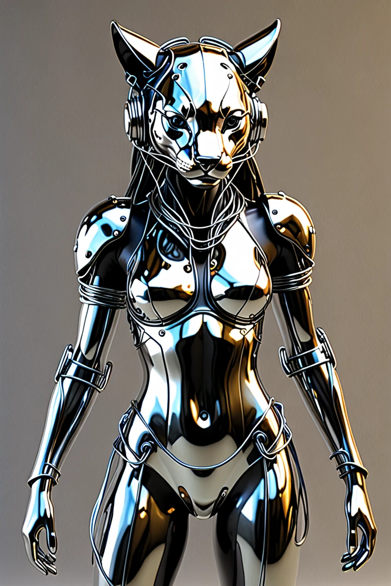 viking black panther robot mask, with long hair and a ponytail , with gold details