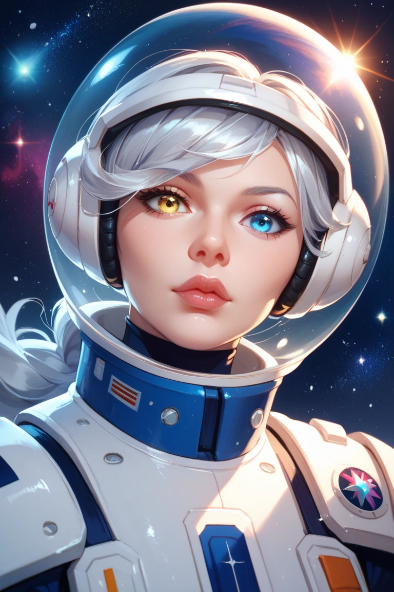 Highest quality, Ultra-high resolution, (realism: 1.4), Written boundary depth, Beautiful Face, (Pure erotic body_v1: 0.8), Half Body, | | One Girl, Center of chest, (Gray Hair: 1.3), An innocent smile, Natural Makeup, | | | Model pose, | | (Spacesuit: 1.3), (Blue Armor: 1.3), Exquisite design, | | Space Background, performer_(Married Woman), moonlight, night, | |